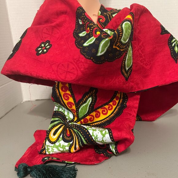 A Mulitple Colored Red African Hat with matching Scarf with Tassels main image 4